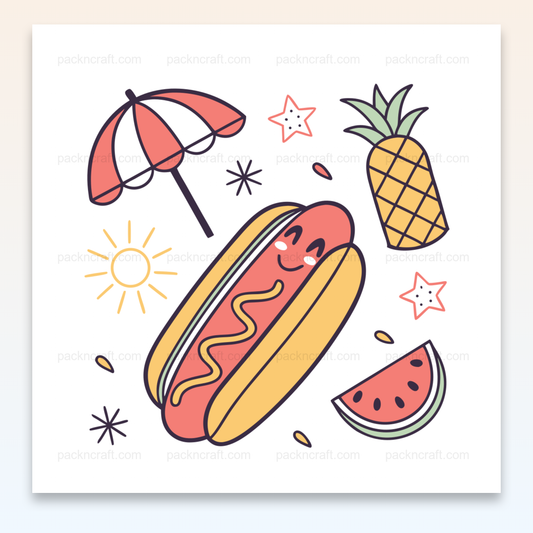 Illustration de hot-dog joyeux sous un parasol, avec pastèque et ananas