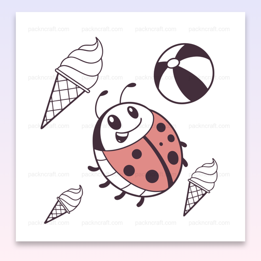 Illustration vecteur de coccinelle joyeuse avec glaces et ballon, idéal pour projet créatif estival.