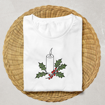 T-shirt festif avec une bougie de Noël scintillante, parfait pour une ambiance saisonnière