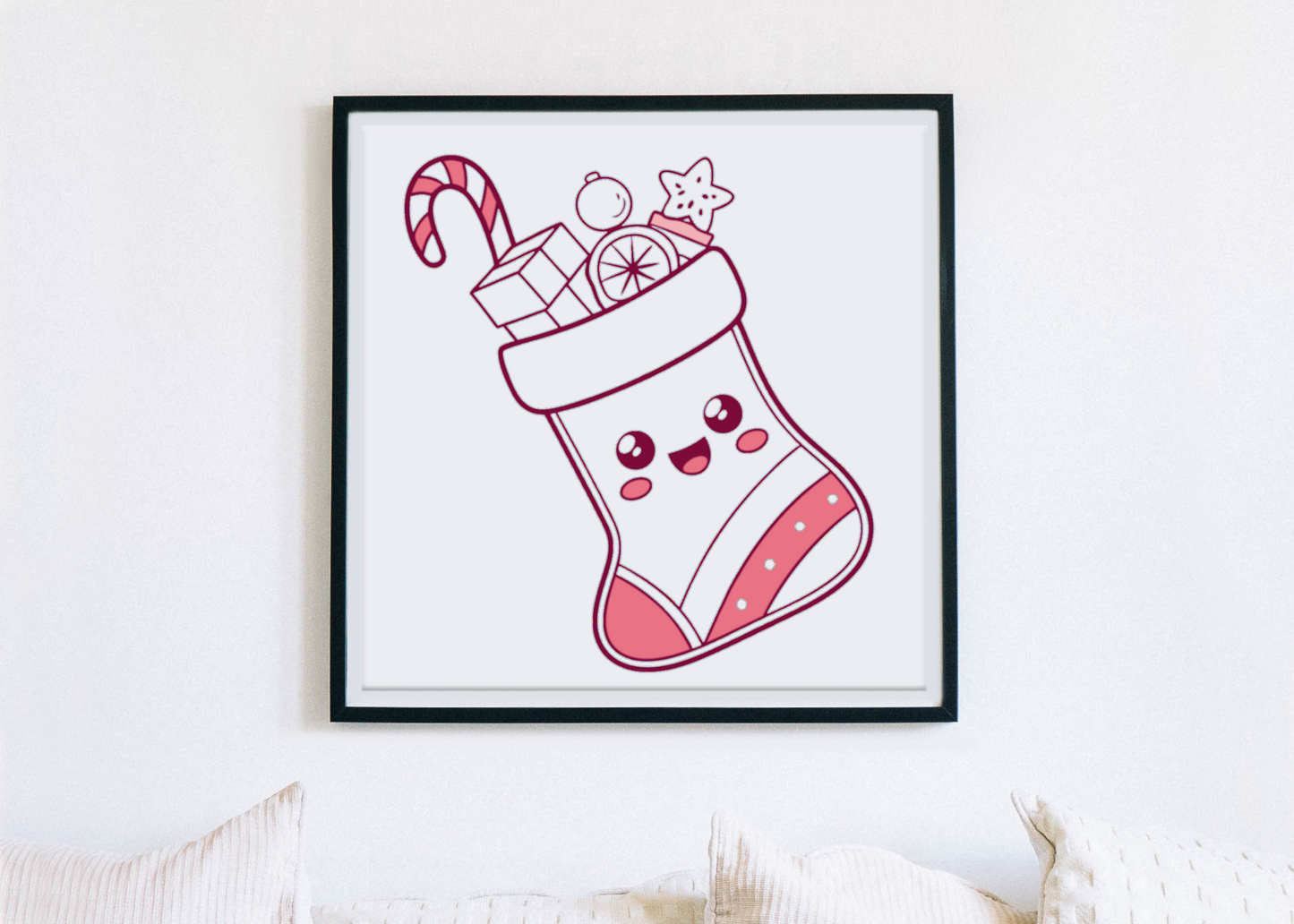 Cadre décoratif présentant une chaussette de Noël joyeuse aux couleurs pastel
