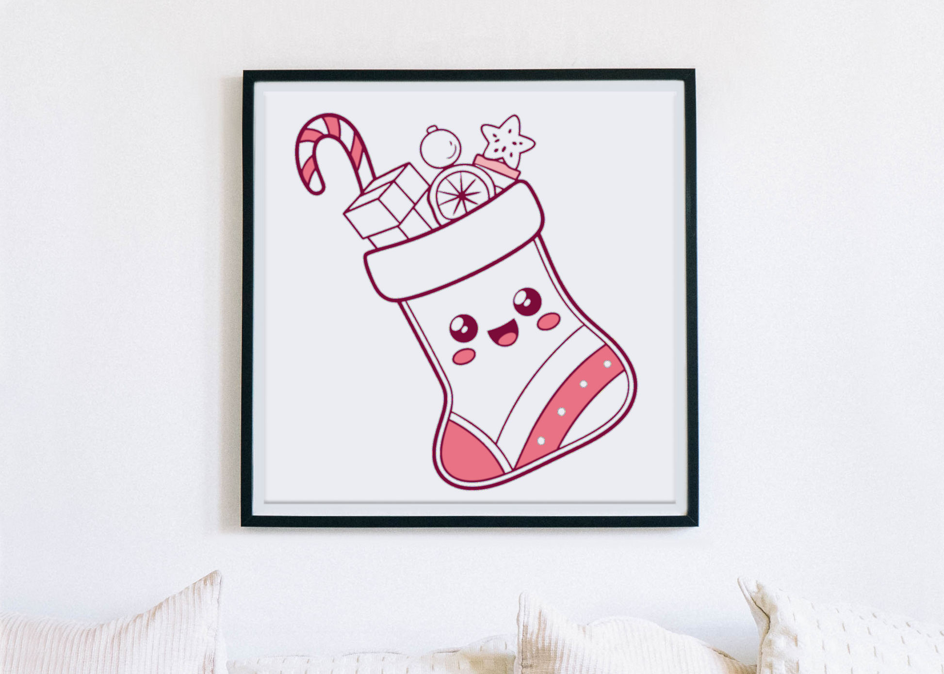 Cadre décoratif présentant une chaussette de Noël joyeuse aux couleurs pastel