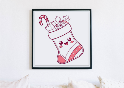 Cadre décoratif présentant une chaussette de Noël joyeuse aux couleurs pastel