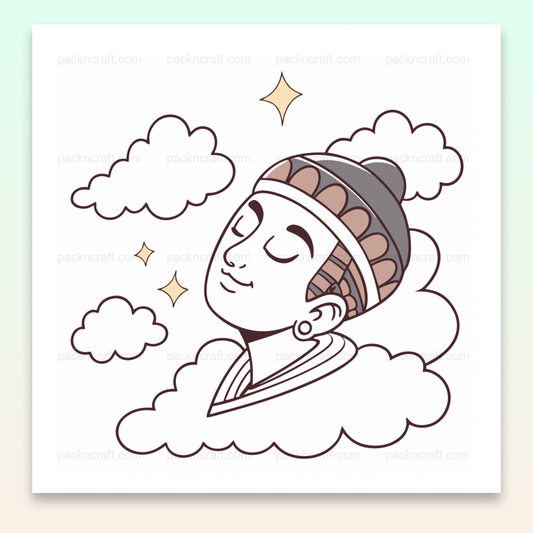 Illustration de Bouddha rêveur entouré de nuages, parfaite pour déco spirituelle ou projets créatifs.