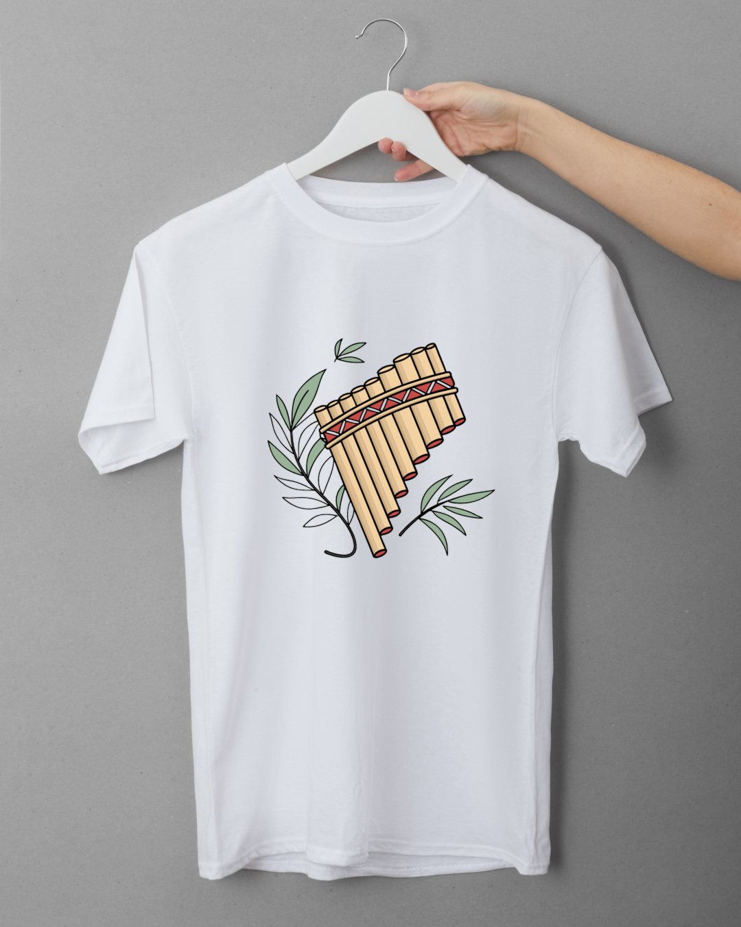 T-shirt style nature avec flûte de Pan épurée et feuilles vertes vibrantes