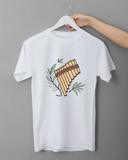 T-shirt style nature avec flûte de Pan épurée et feuilles vertes vibrantes
