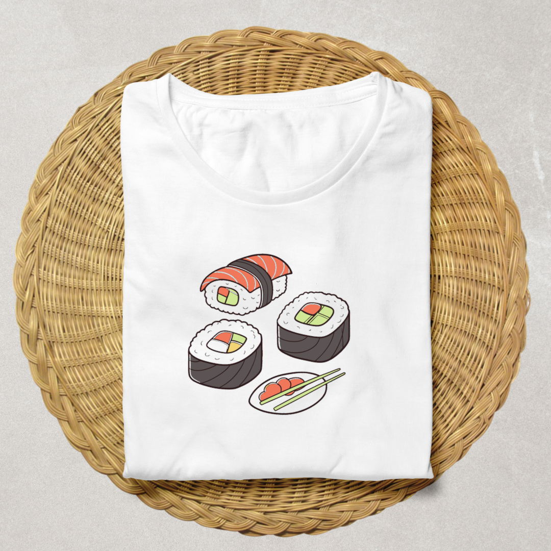 T-shirt avec motif kawaii de sushis amusants dans un style culinaire vibrant
