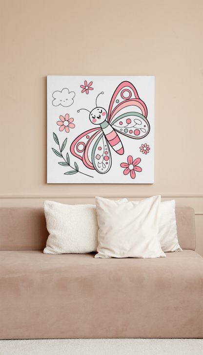 Cadre mettant en scène un papillon stylisé flottant aux teintes douces pastel