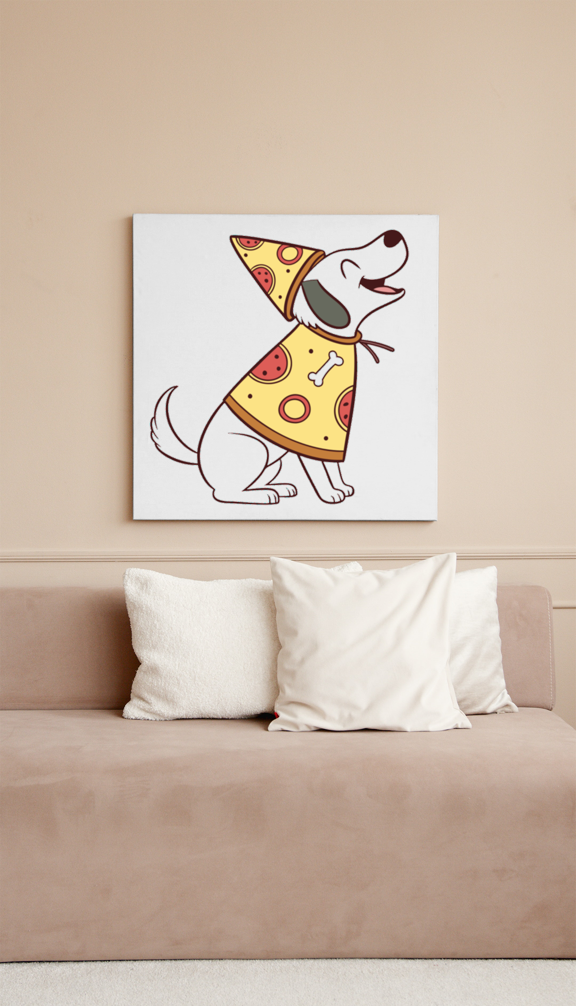 Cadre décoratif avec chien joyeux déguisé en pizza pour une touche amusante