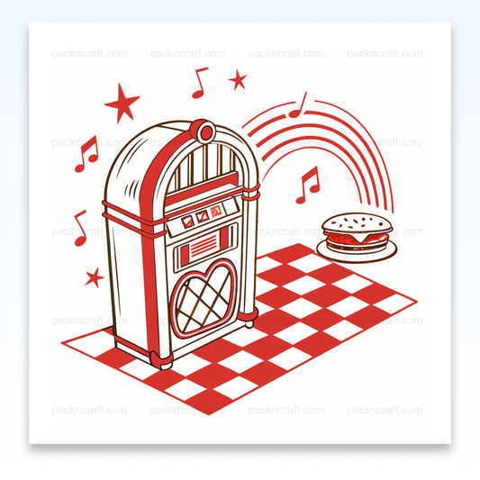 Illustration jukebox rétro avec notes musicales, ambiance dîner