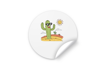 Sticker avec cactus souriant portant des lunettes, ambiance désert style cartoon