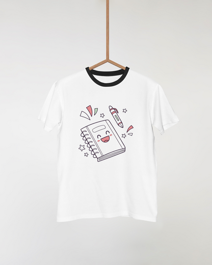 T-shirt avec dessin kawaii carnet et stylo joyeux pour école créative