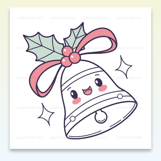 Cloche de Noël kawaii avec feuilles de houx et ruban, idéale pour déco festive.