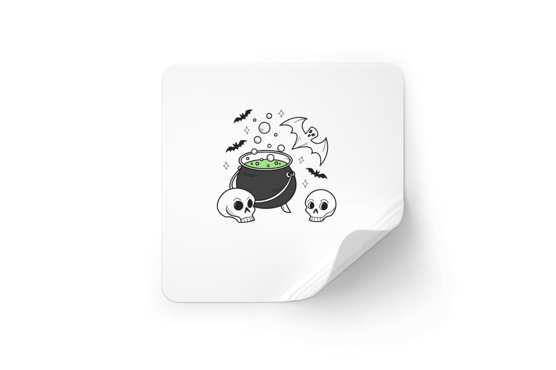 Sticker sur fond blanc avec motif noir & blanc de chaudron et chauve-souris