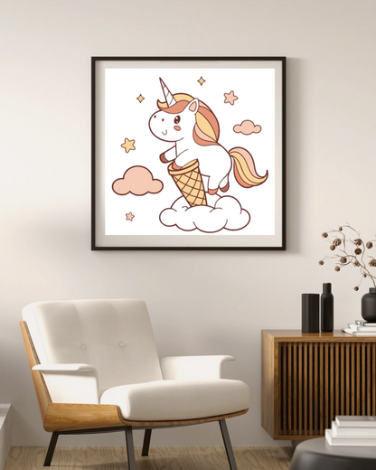 Cadre pastel avec licorne glacée sur nuages imaginaires pour décoration moderne