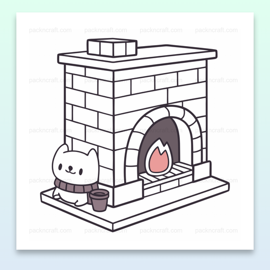 Illustration de chat cosy au coin du feu en style pastel pour DIY et papeterie