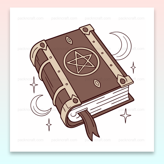 Illustration vectorielle d'un livre magique avec symboles mystiques, idéal pour décoration et projets DIY.