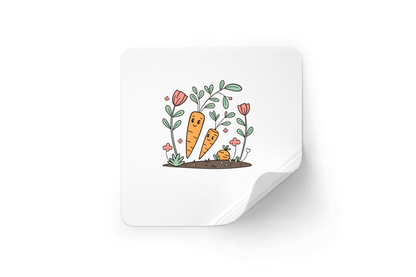 Sticker décoratif avec des carottes joyeuses en style kawaii dans un jardin printanier