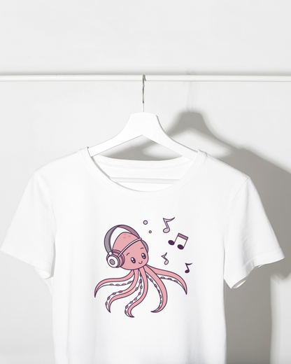 T-shirt avec un poulpe mélomane en style pastel propulsant des notes musicales vibrantes