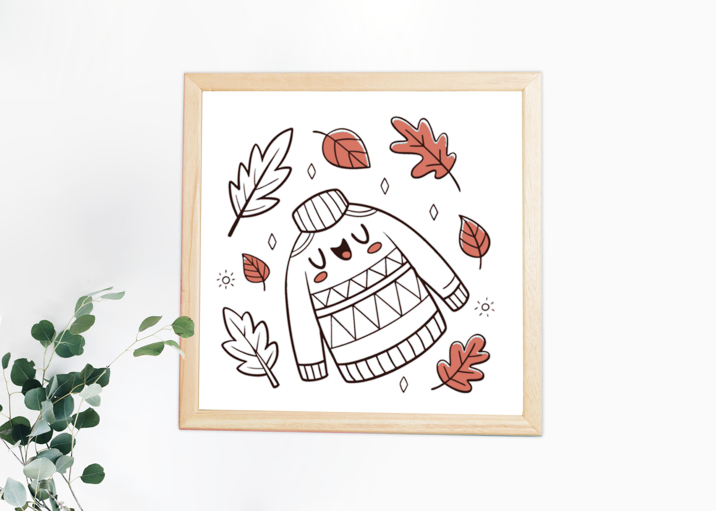 Cadre décoratif pastel avec feuillages en automne et pull de joueur stylisé