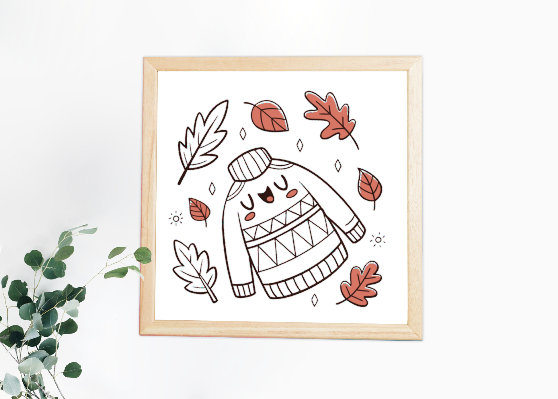 Cadre décoratif pastel avec feuillages en automne et pull de joueur stylisé