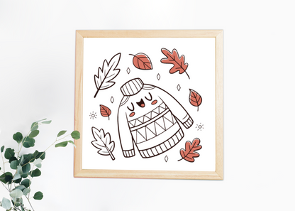 Cadre décoratif pastel avec feuillages en automne et pull de joueur stylisé