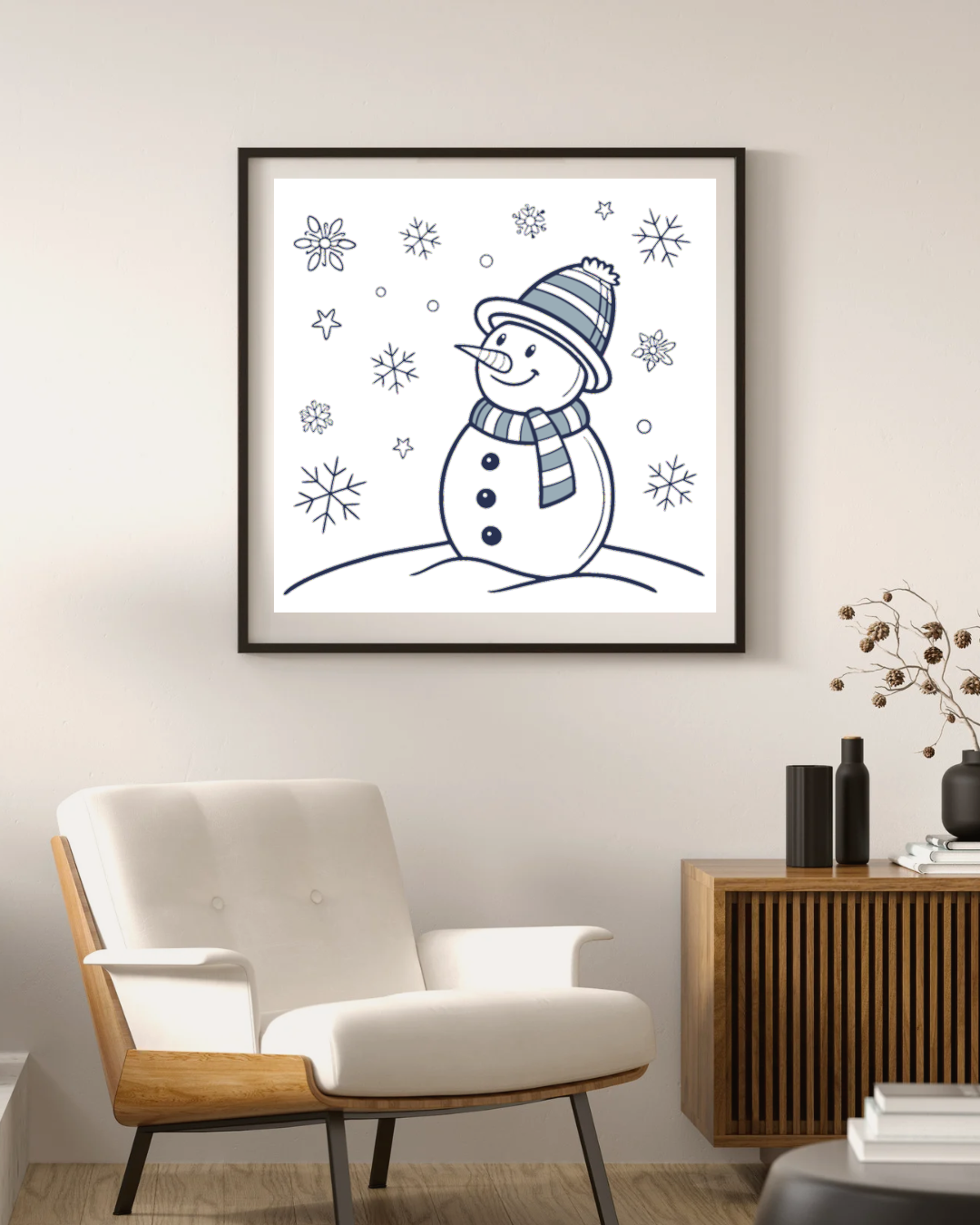 Cadre décoratif avec bonhomme de neige joyeux dans un style doodle hivernal