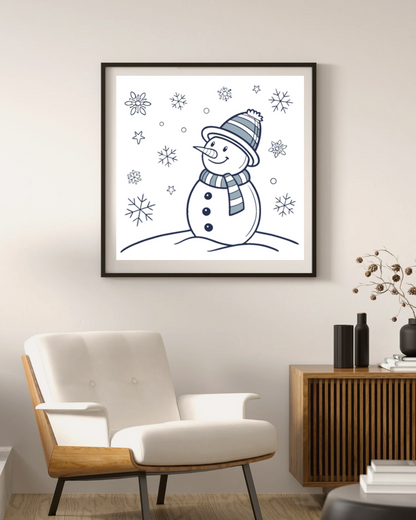 Cadre décoratif avec bonhomme de neige joyeux dans un style doodle hivernal
