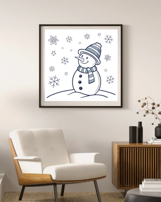 Cadre décoratif avec bonhomme de neige joyeux dans un style doodle hivernal