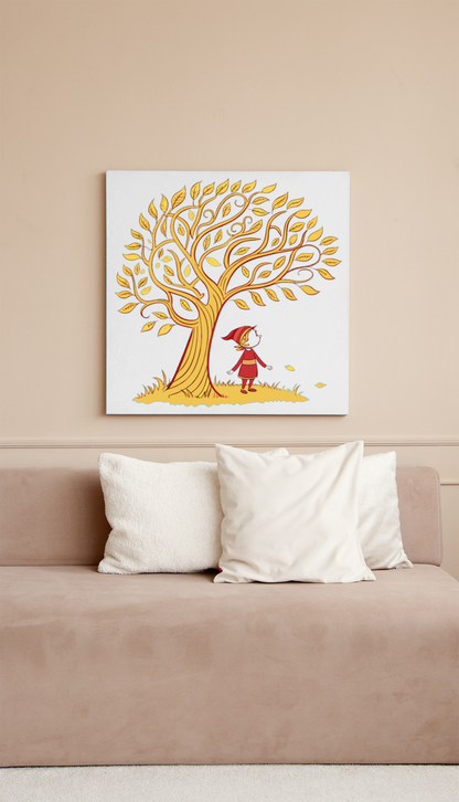 Cadre décoratif avec enfant rêveur assis sous un arbre en style automnal