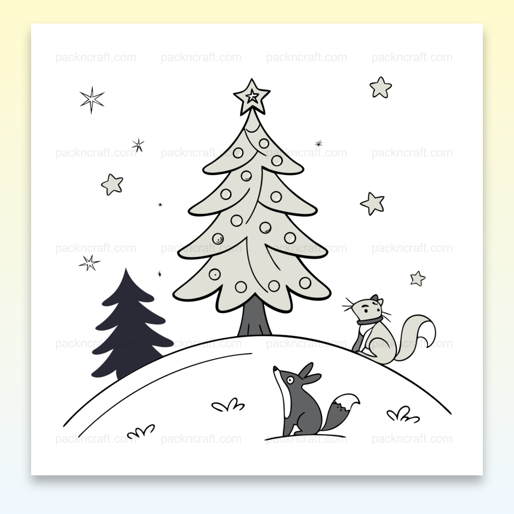 Écureuil curieux avec sapin décoré, illustration hivernale monochrome pour décoration et DIY.