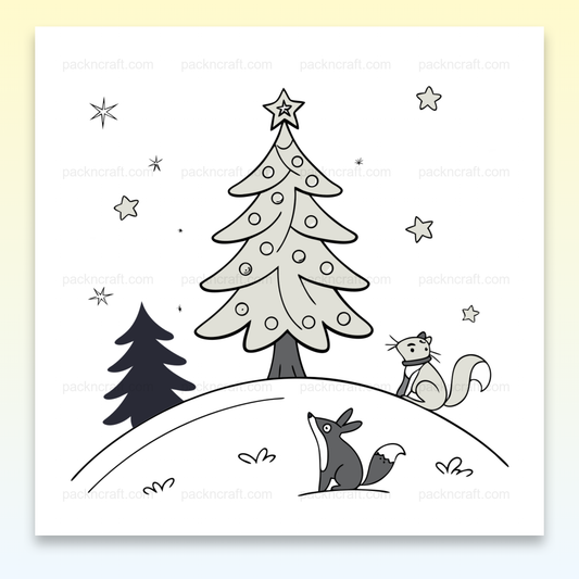 Écureuil curieux avec sapin décoré, illustration hivernale monochrome pour décoration et DIY.