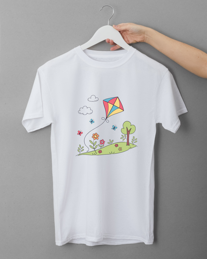 T-shirt illustré d'un cerf-volant coloré dans un style doodle ludique et printanier