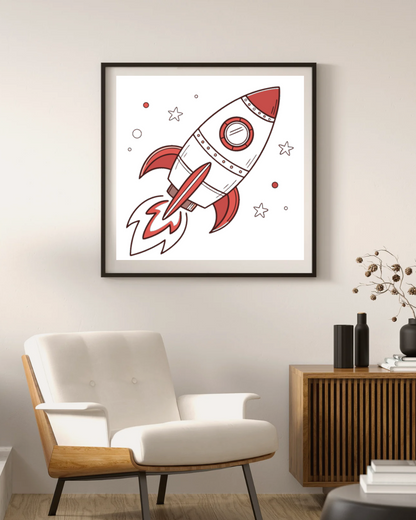 Cadre avec illustration colorée montrant une fusée rétro stylisée en pleine envolée