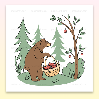 Illustration d'un ours récoltant des fruits dans une forêt, idéale pour projets DIY.