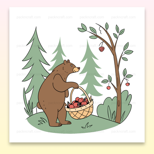Illustration d'un ours récoltant des fruits dans une forêt, idéale pour projets DIY.