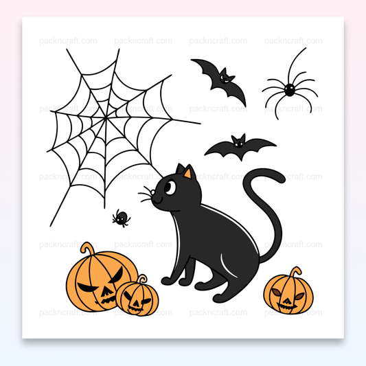 Chat noir curieux avec citrouilles et chauves-souris, design Halloween pour DIY