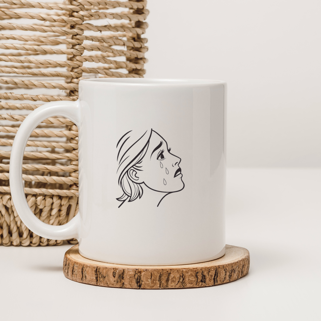 Mug avec icône minimaliste détaillant un visage émotionnellement expressif