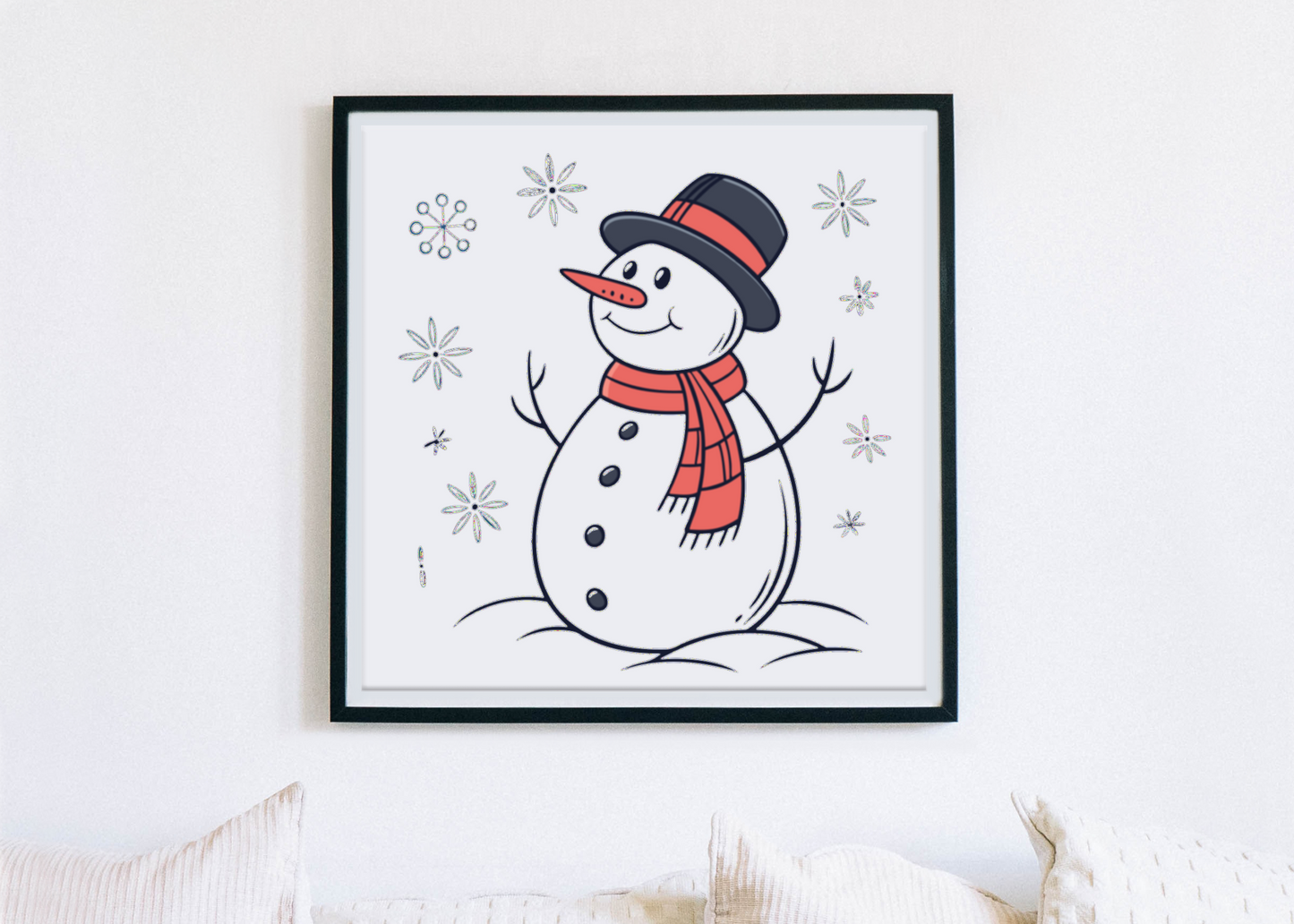 Cadre festif avec un joyeux bonhomme de neige en doodle pour une ambiance hivernale