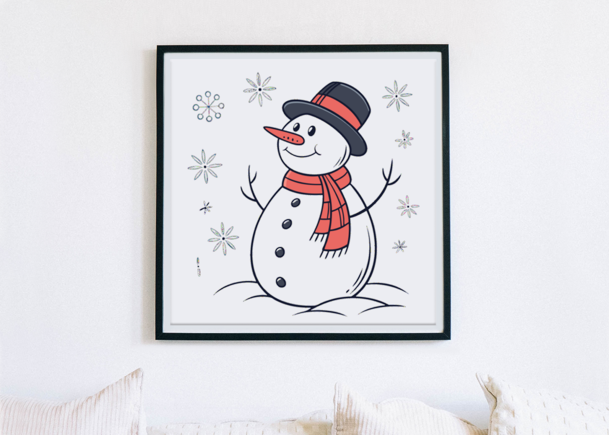 Cadre festif avec un joyeux bonhomme de neige en doodle pour une ambiance hivernale