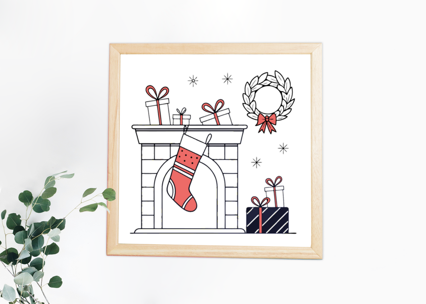 Cadre décoratif avec cheminée festive et cadeaux en style épuré pour Noël