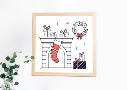Cadre décoratif avec cheminée festive et cadeaux en style épuré pour Noël