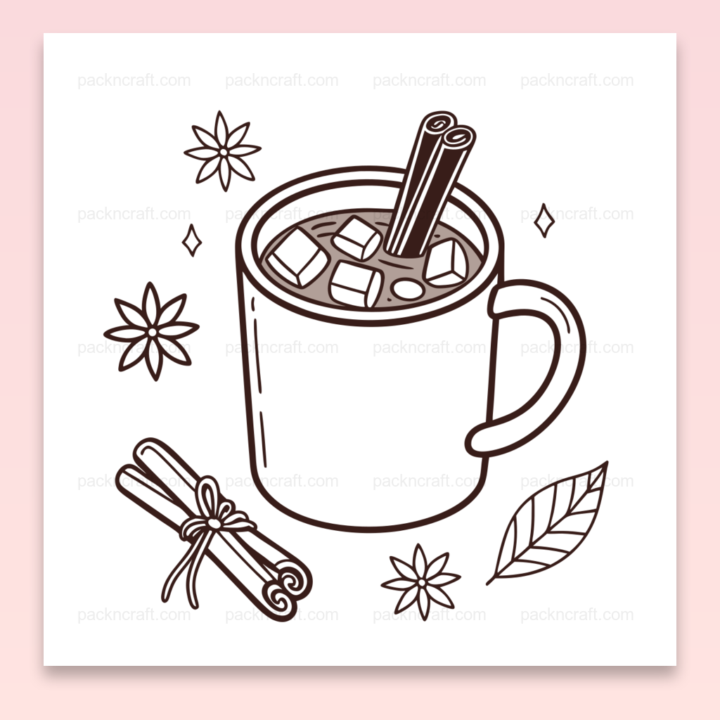 Illustration de chocolat chaud épicé en style minimaliste, idéale pour décorations hivernales et projets créatifs.
