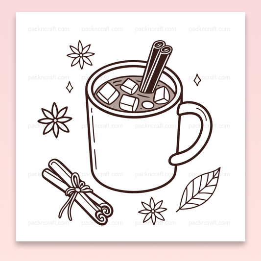 Illustration de chocolat chaud épicé en style minimaliste, idéale pour décorations hivernales et projets créatifs.
