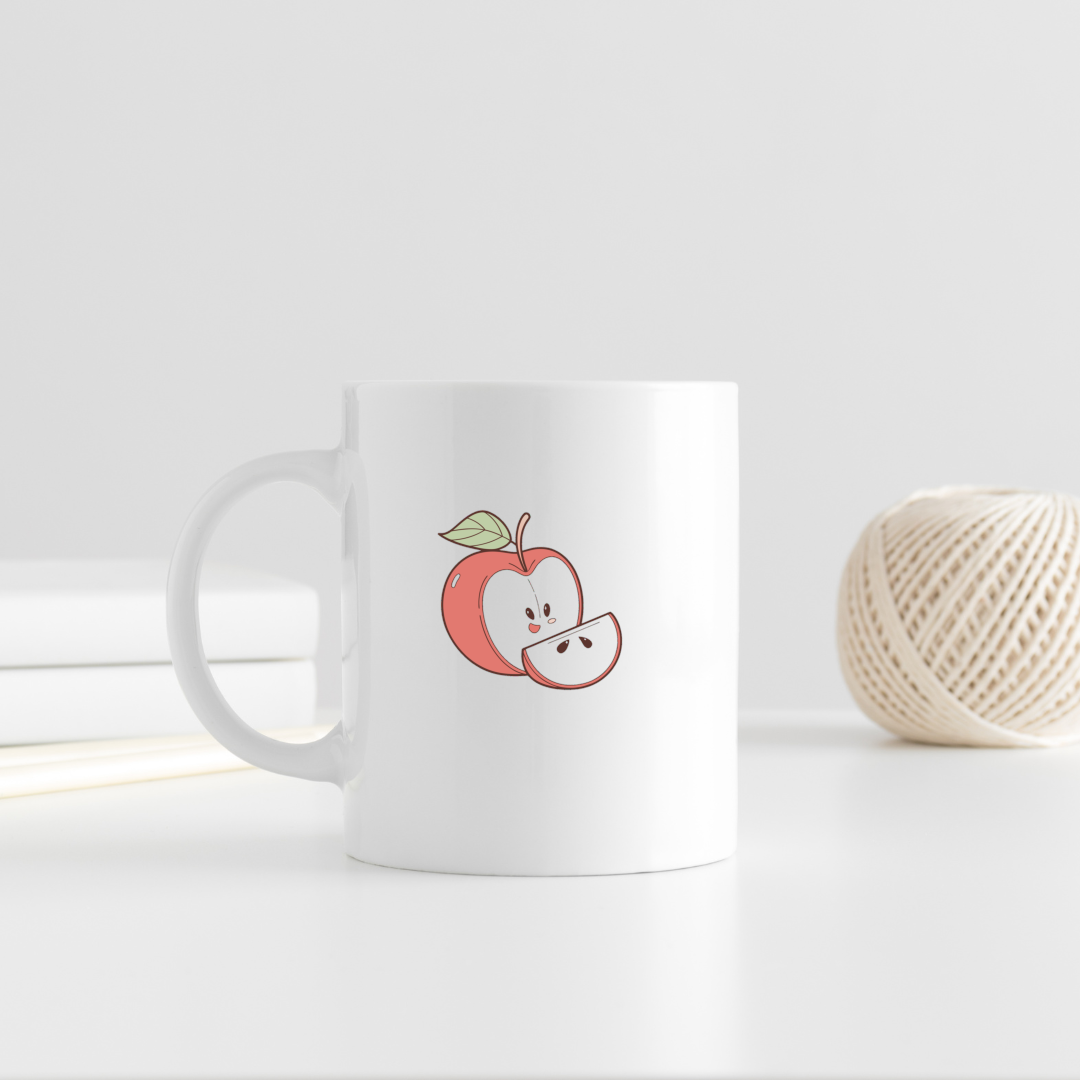 Mug avec pomme joyeuse en tranche style pastel sur fond blanc minimaliste