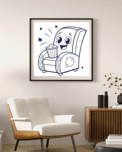 Cadre humoristique avec décor cinéma et fauteuil enfantin joyeux remplis de popcorn