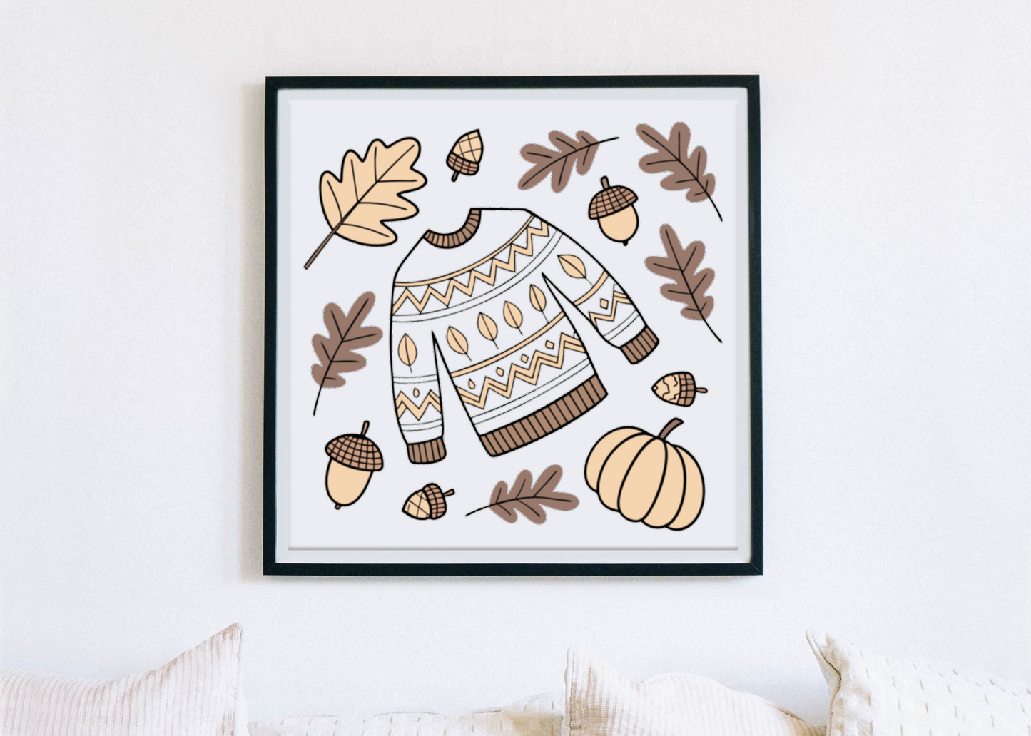 Cadre avec pull automne cosy et motif minimaliste pour une ambiance chaleureuse