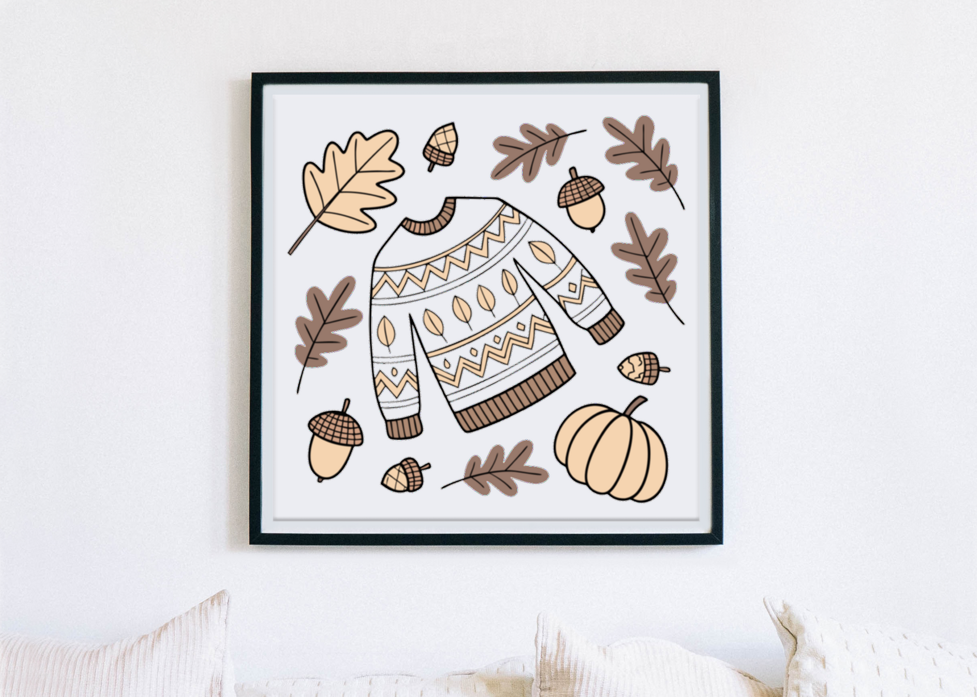 Cadre avec pull automne cosy et motif minimaliste pour une ambiance chaleureuse