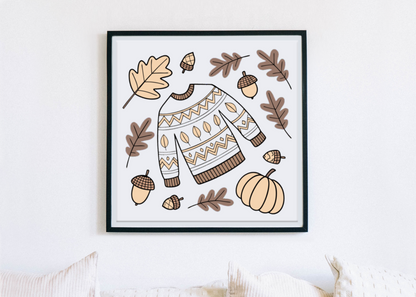 Cadre avec pull automne cosy et motif minimaliste pour une ambiance chaleureuse