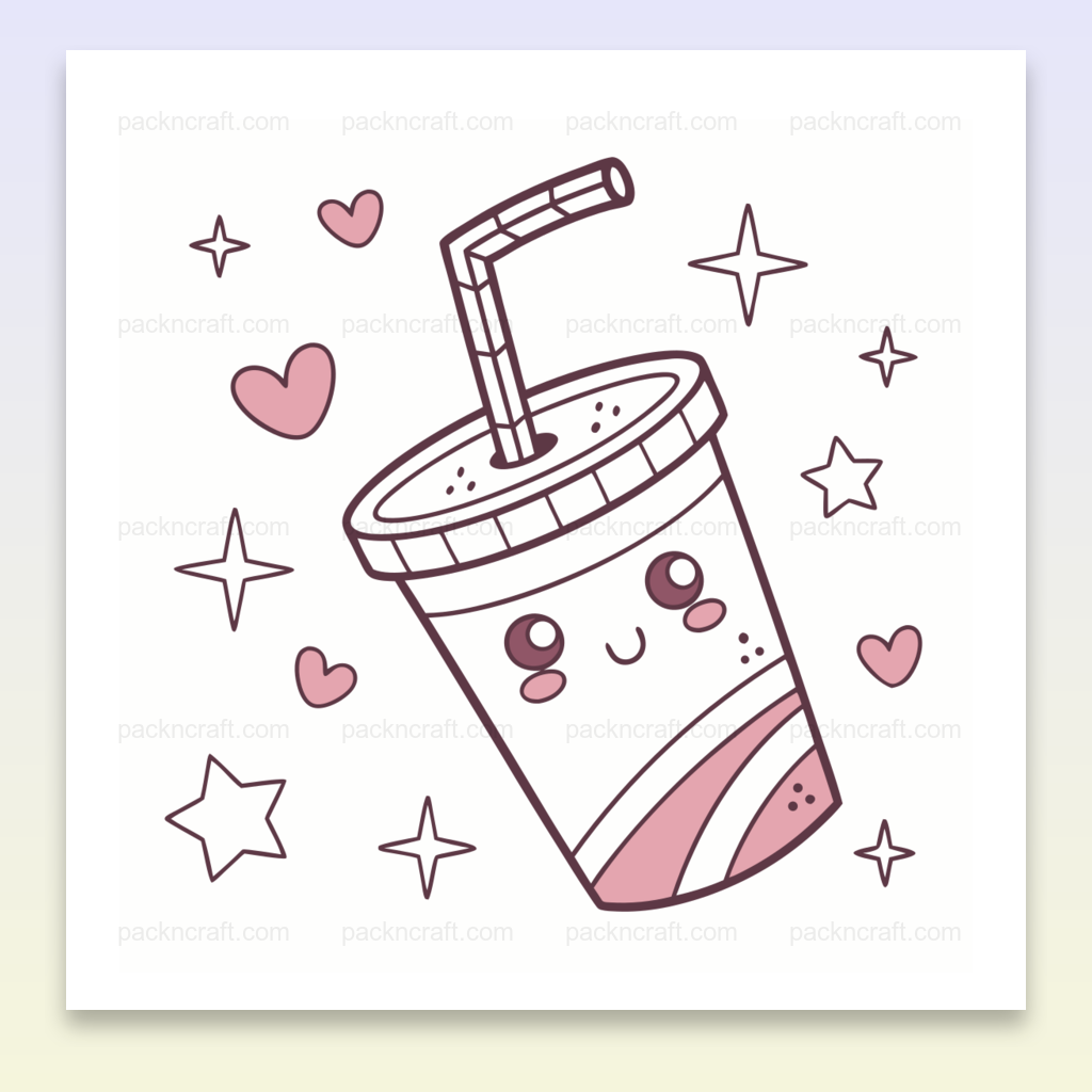 Illustration adorable de gobelet soda kawaii avec cœurs et étoiles, idéale pour DIY