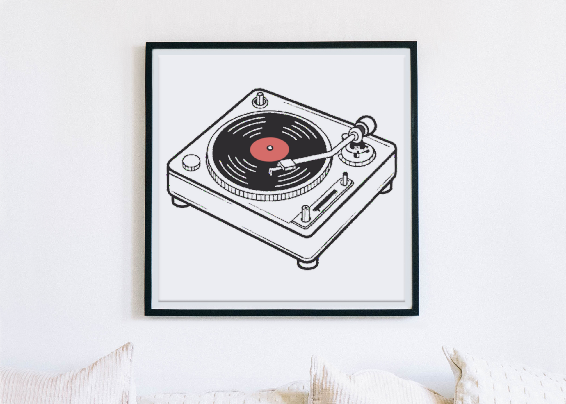 Cadre tendance avec motif tourne-disque rétro en pleine action ambiance musicale